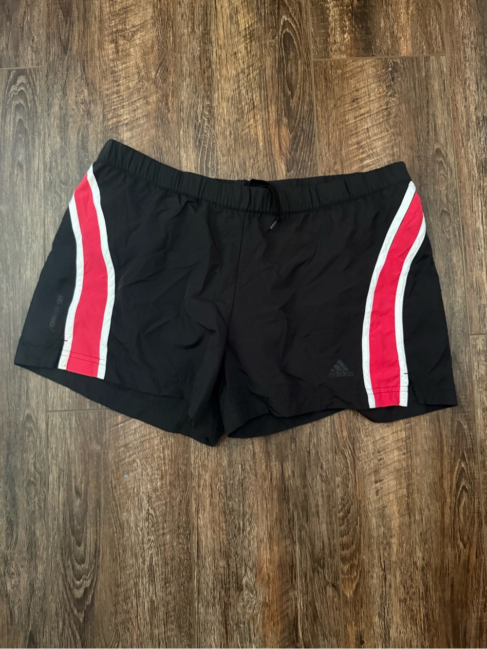 ADIDAS Black Running Shorts with red/white accents